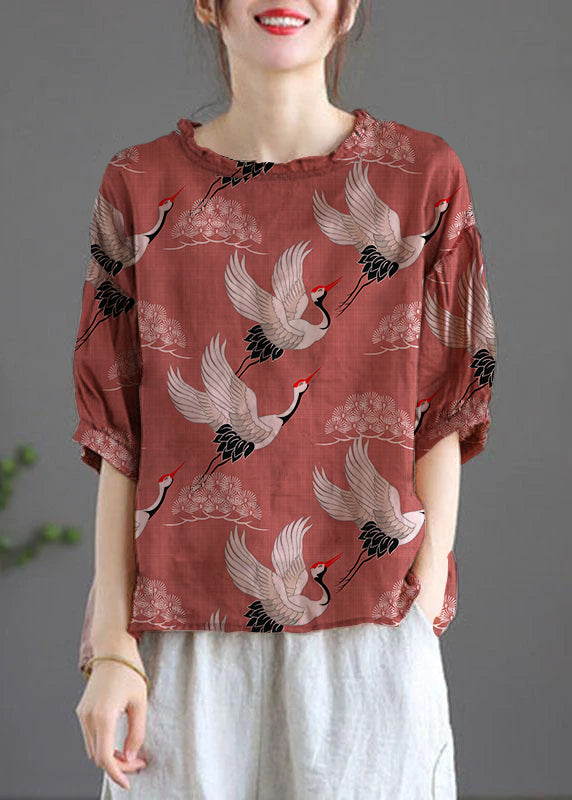 Modern Crane Pattern Regular Embroideried Summer Half Sleeve