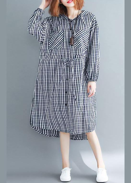 100% Black Plaid Clothes Hooded Drawstring Spring Dresses