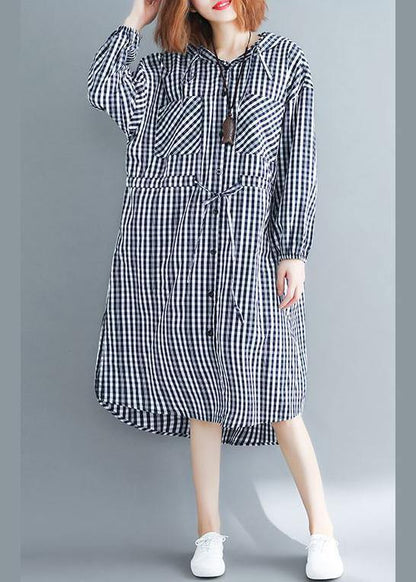 100% Black Plaid Clothes Hooded Drawstring Spring Dresses