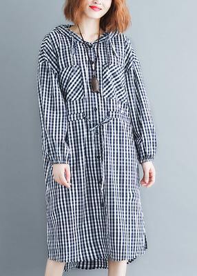 100% Black Plaid Clothes Hooded Drawstring Spring Dresses