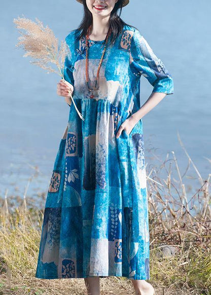 100% Blue Print Quilting Clothes O Neck Cinched a Line Spring Dresses