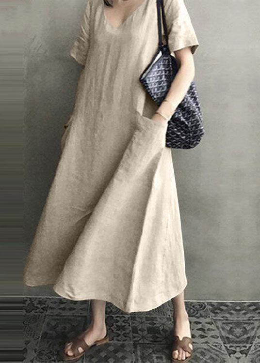 100% Cotton Short Sleeve V-neck Side Pocket Dress
