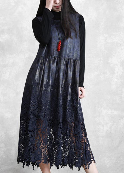 100% Hollow Out Patchwork Dresses Lnspiration Dark Blue Maxi Dress