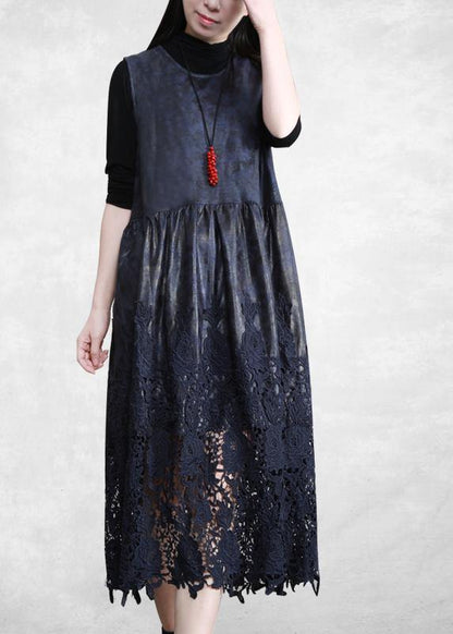 100% Hollow Out Patchwork Dresses Lnspiration Dark Blue Maxi Dress