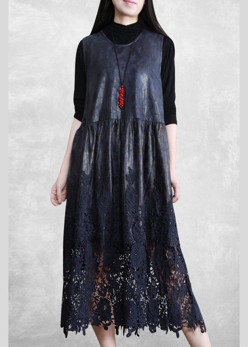 100% Hollow Out Patchwork Dresses Lnspiration Dark Blue Maxi Dress