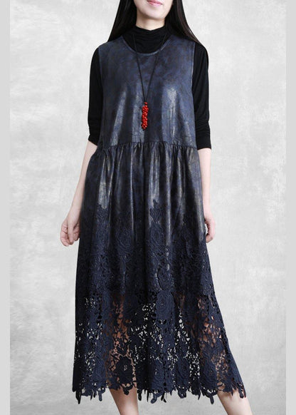 100% Hollow Out Patchwork Dresses Lnspiration Dark Blue Maxi Dress
