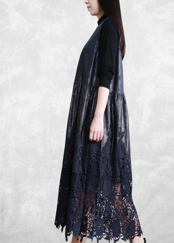 100% Hollow Out Patchwork Dresses Lnspiration Dark Blue Maxi Dress