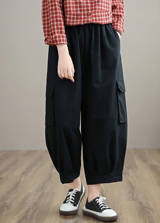 100% Spring Trousers Black Pattern Elastic Waist Pockets Wild Pants