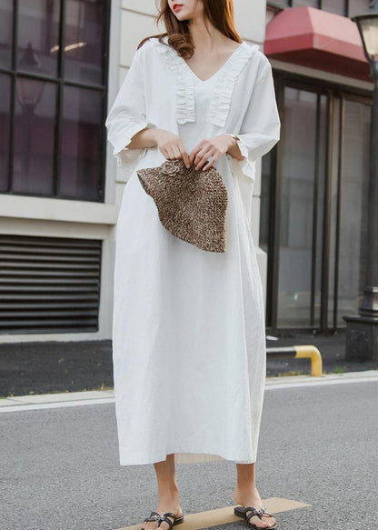 White Cotton Dress Long Ruffles Traveling Dresses