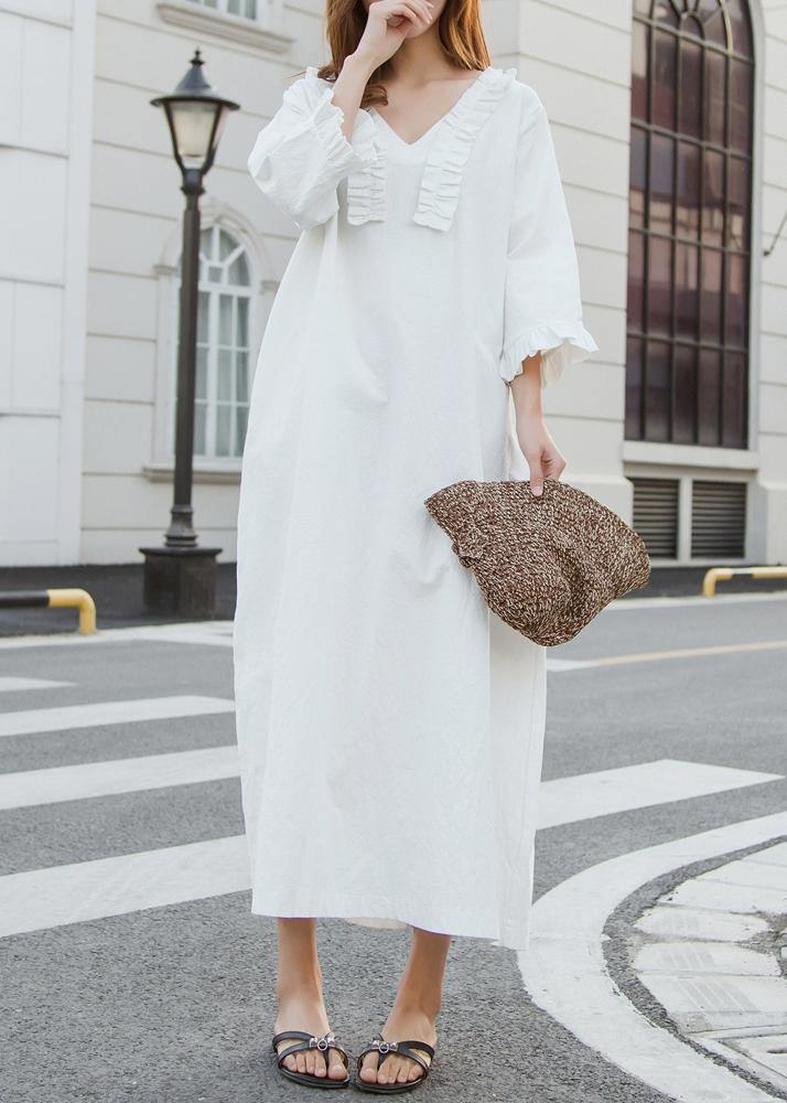 White Cotton Dress Long Ruffles Traveling Dresses