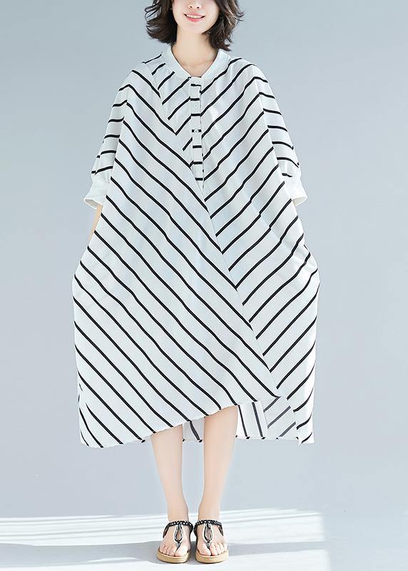 100% White Striped Tunic Dress Asymmetric Spring Dress