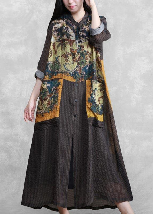 100% Yellow Print Clothes Stand Collar Spring Dress