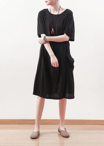 100% Black Cotton Clothes 18th Century Work Outfits O Neck Shift Summer Dress