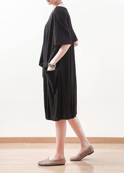 100% Black Cotton Clothes 18th Century Work Outfits O Neck Shift Summer Dress