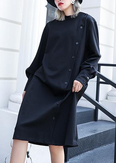 100% Black Cotton Tunic Top Stand Collar Button Cotton Fall Dress
