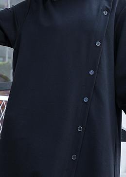 100% Black Cotton Tunic Top Stand Collar Button Cotton Fall Dress