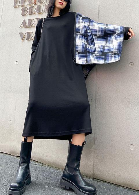 100% Black Wardrobes O Neck Pockets Plaid Maxi Fall Dress