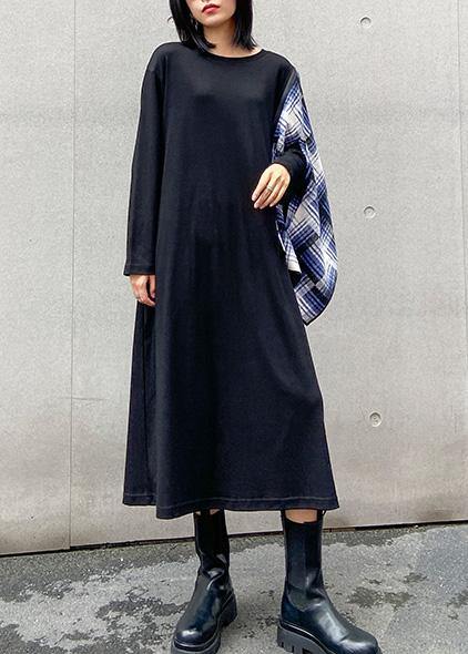 100% Black Wardrobes O Neck Pockets Plaid Maxi Fall Dress