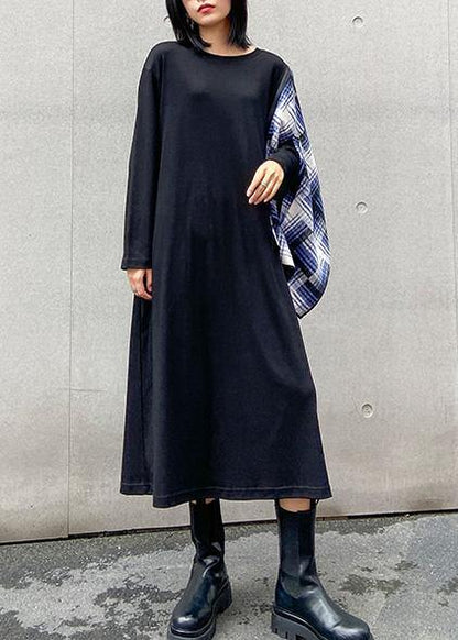 100% Black Wardrobes O Neck Pockets Plaid Maxi Fall Dress
