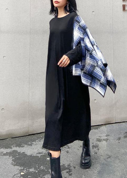 100% Black Wardrobes O Neck Pockets Plaid Maxi Fall Dress