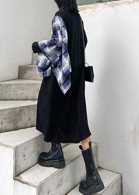 100% Black Wardrobes O Neck Pockets Plaid Maxi Fall Dress