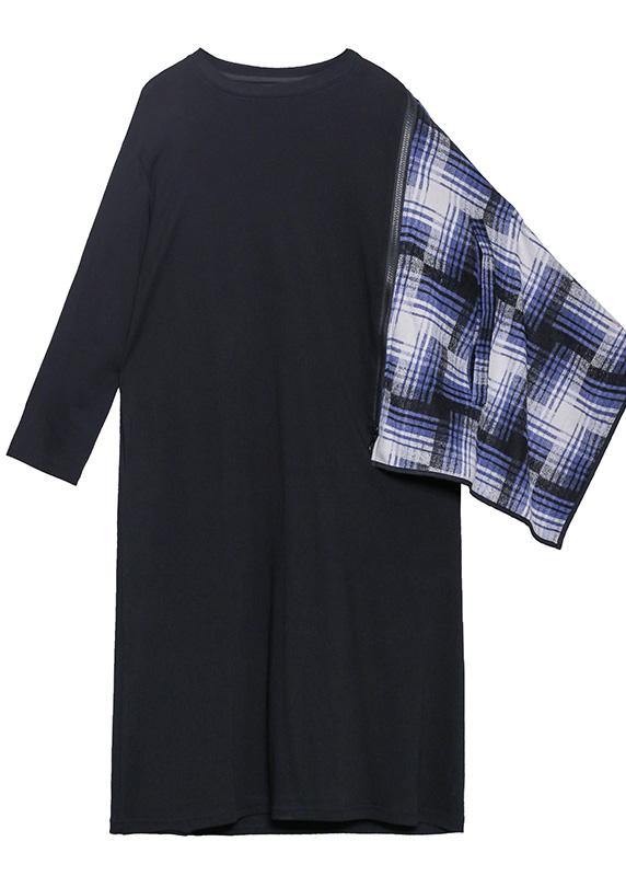 100% Black Wardrobes O Neck Pockets Plaid Maxi Fall Dress