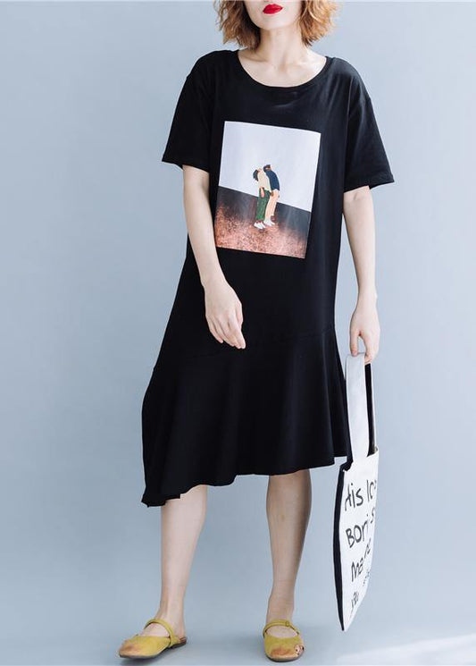 100% Black Cotton Clothes O Neck Patchwork Traveling Summer Dresses