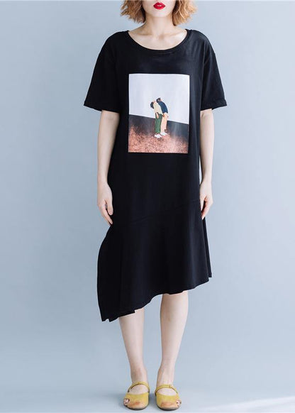 100% Black Cotton Clothes O Neck Patchwork Traveling Summer Dresses