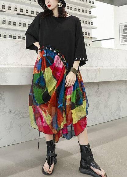 100% Black Cotton Dresses Patchwork Prints Chiffon Traveling Summer Dresses
