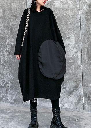 100% Black Linen Cotton Clothes for O Neck Pockets Art Spring Dresses