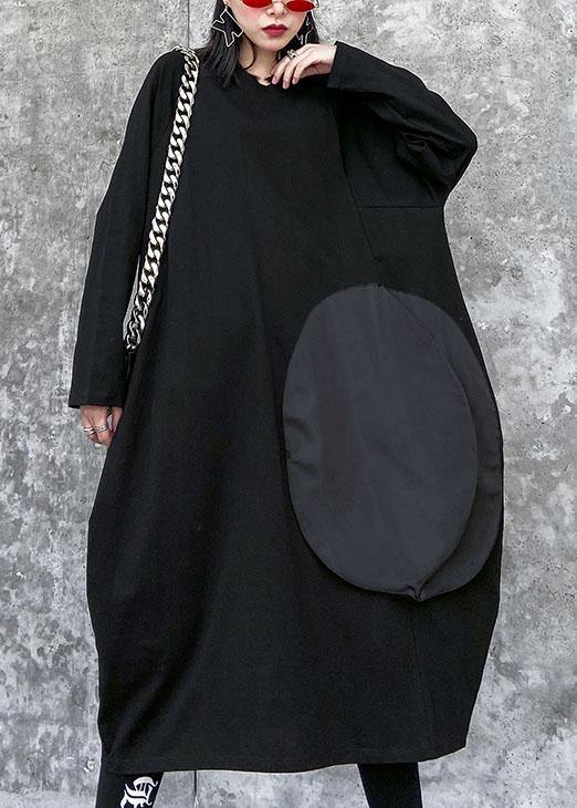 100% Black Linen Cotton Clothes for O Neck Pockets Art Spring Dresses
