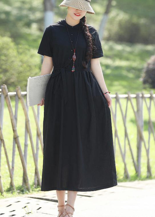 100% Black Linen Dresses Tie Waist Long Summer Stand Collar Dress