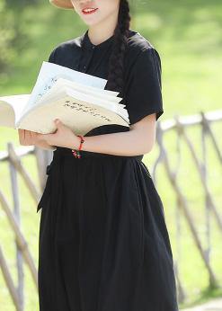 100% Black Linen Dresses Tie Waist Long Summer Stand Collar Dress