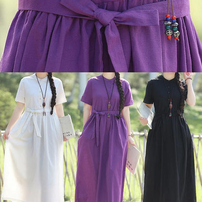 100% Black Linen Dresses Tie Waist Long Summer Stand Collar Dress