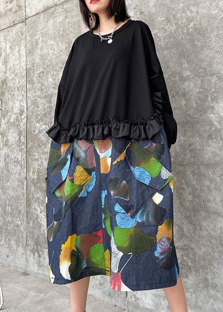 100% Black Patchwork Print Tunic Pattern O Neck Ruffles Art Dresses