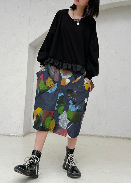 100% Black Patchwork Print Tunic Pattern O Neck Ruffles Art Dresses