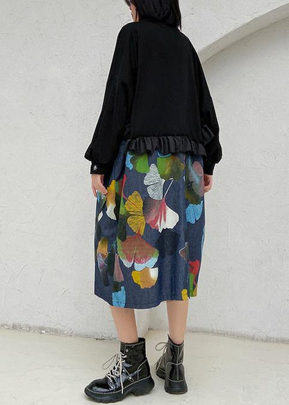 100% Black Patchwork Print Tunic Pattern O Neck Ruffles Art Dresses