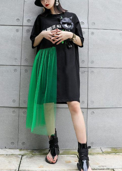 100% Black Patchwork Tulle Cotton Tunic Dress Short Sleeve Tunic Dresses