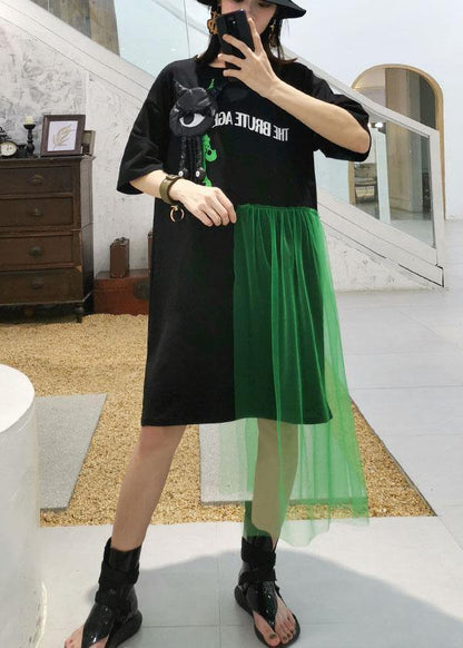 100% Black Patchwork Tulle Cotton Tunic Dress Short Sleeve Tunic Dresses