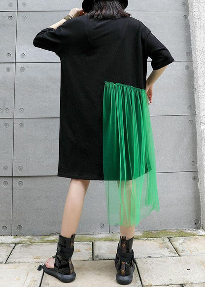 100% Black Patchwork Tulle Cotton Tunic Dress Short Sleeve Tunic Dresses