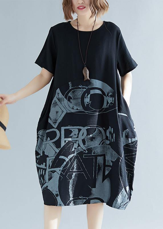 Black Print Cotton Blend Clothes for Organic Inspiration O Neck Patchwork Loose Summer Dresses