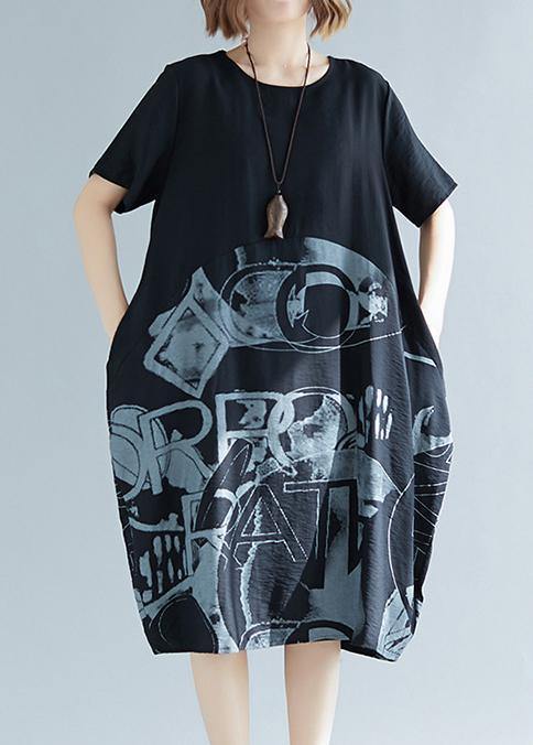 Black Print Cotton Blend Clothes for Organic Inspiration O Neck Patchwork Loose Summer Dresses