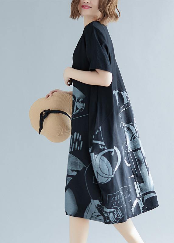 Black Print Cotton Blend Clothes for Organic Inspiration O Neck Patchwork Loose Summer Dresses