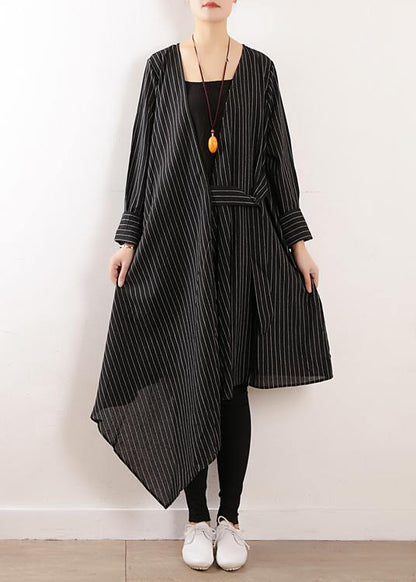 100% Black Striped Clothes V Neck Tie Waist Maxi Fall Dress