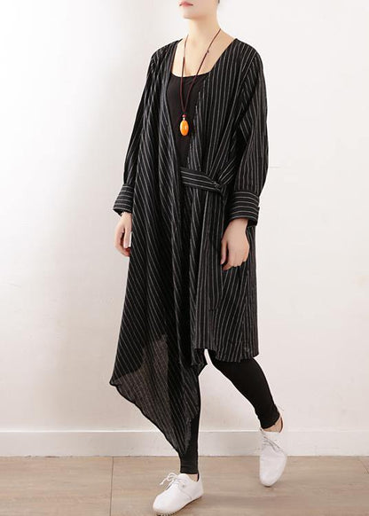 100% Black Striped Clothes V Neck Tie Waist Maxi Fall Dress