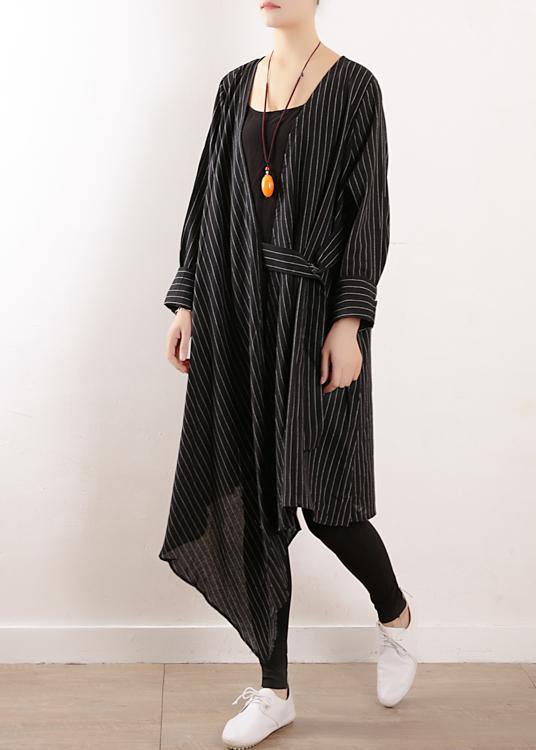 100% Black Striped Clothes V Neck Tie Waist Maxi Fall Dress