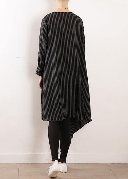 100% Black Striped Clothes V Neck Tie Waist Maxi Fall Dress