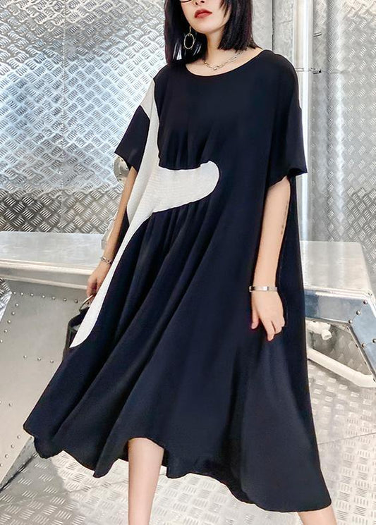 100% Black Cinched Dress O Neck Patchwork Short Dress