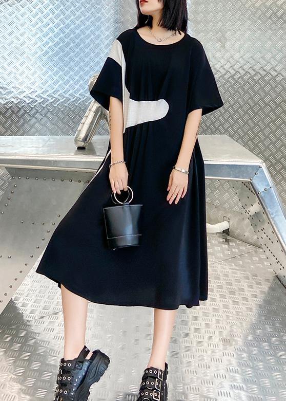 100% Black Cinched Dress O Neck Patchwork Short Dress