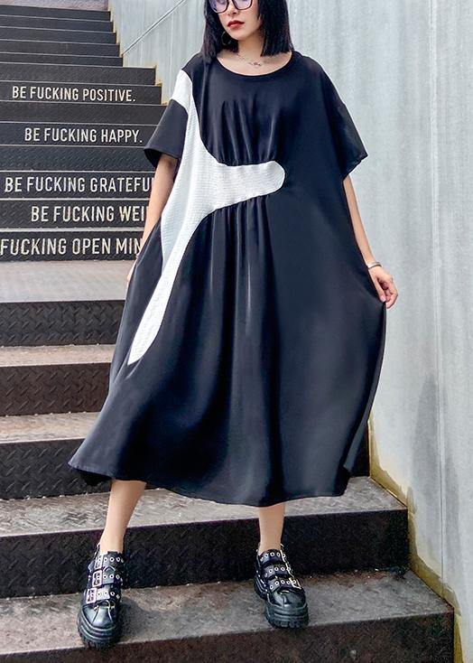 100% Black Cinched Dress O Neck Patchwork Short Dress